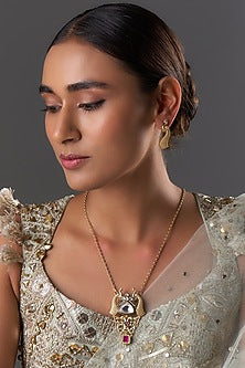 Gold Finish Kundan Polki & Ruby Stone Long Necklace Set