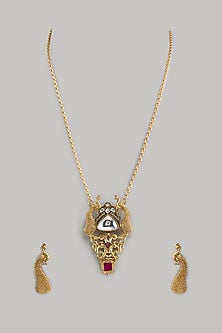 Gold Finish Kundan Polki & Ruby Stone Long Necklace Set