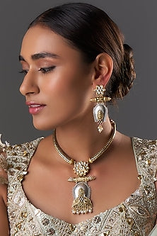 Two Tone Finish Kundan Polki & Pearl Long Necklace Set