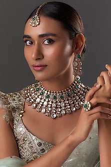 Gold Finish Kundan Polki & Emerald Stone Choker Necklace Set