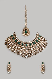 Gold Finish Kundan Polki & Emerald Stone Choker Necklace Set