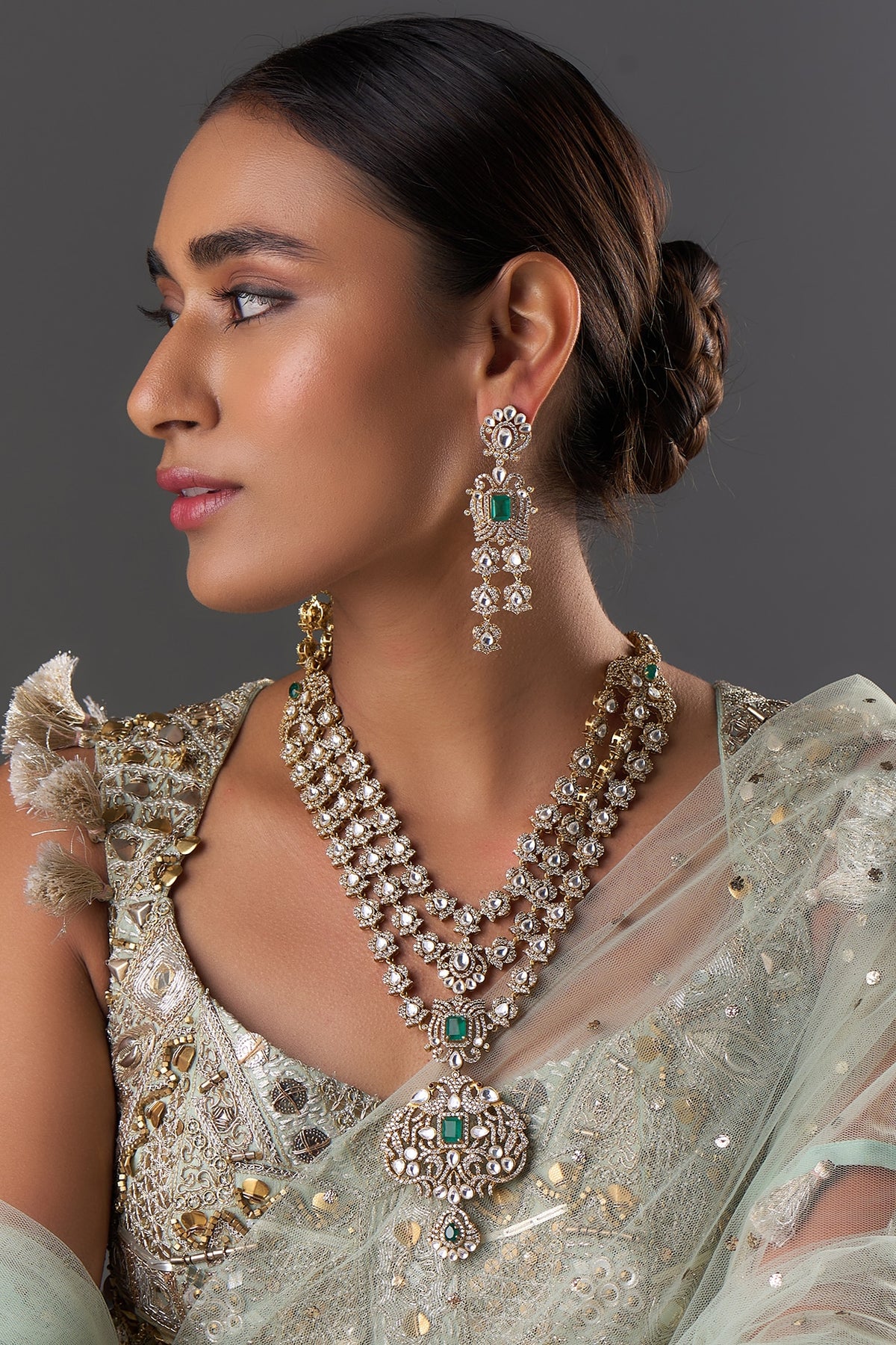 Gold Finish Kundan Polki & Emerald Stone Layered Necklace Set