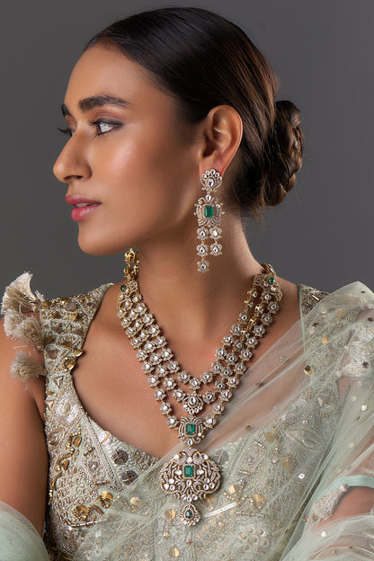 Gold Finish Kundan Polki & Emerald Stone Layered Necklace Set
