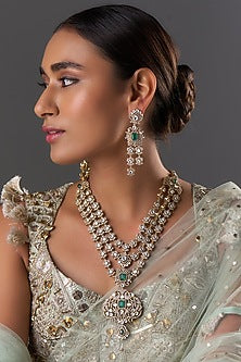 Gold Finish Kundan Polki & Emerald Stone Layered Necklace Set