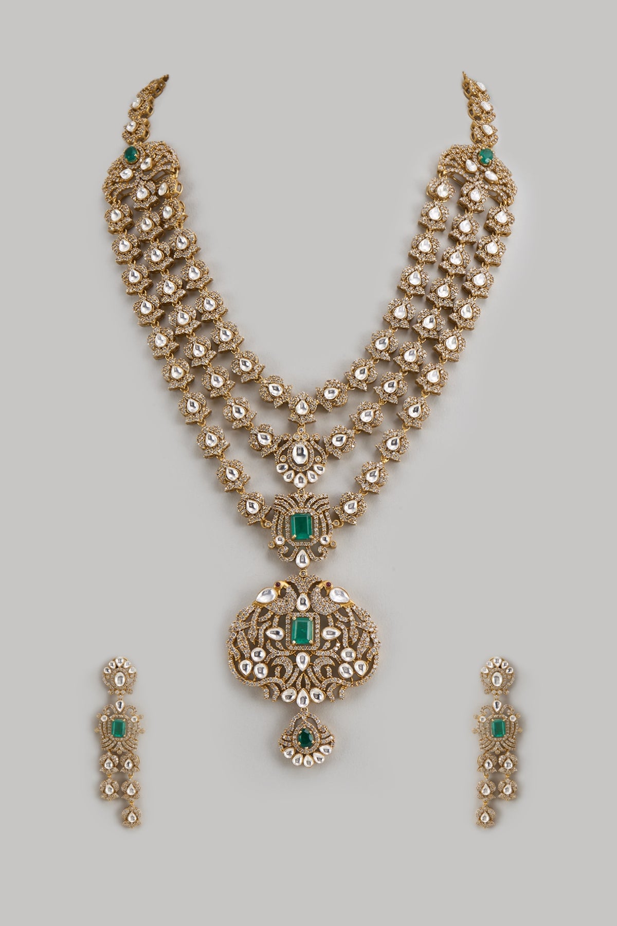Gold Finish Kundan Polki & Emerald Stone Layered Necklace Set