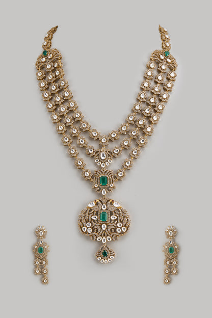 Gold Finish Kundan Polki & Emerald Stone Layered Necklace Set
