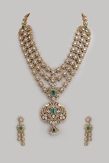 Gold Finish Kundan Polki & Emerald Stone Layered Necklace Set