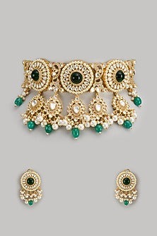 Gold Finish Kundan Polki & Emerald Stone Choker Necklace Set