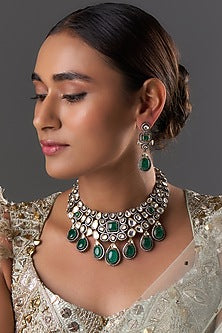 Gold Finish Kundan Polki & Emerald Stone Long Necklace Set