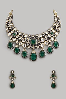 Gold Finish Kundan Polki & Emerald Stone Long Necklace Set