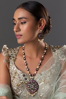 Gold Finish Kundan Polki & Pearl Meenakari Long Necklace Set