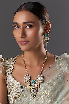 Gold Finish Kundan Polki & Multi-Colored Stone Long Necklace Set