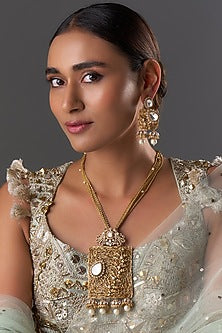 Gold Finish Kundan Polki & Pearl Long Necklace Set