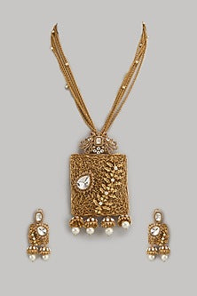 Gold Finish Kundan Polki & Pearl Long Necklace Set