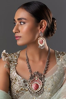 Two-Tone Finish Kundan Polki Red Meenakari Long Necklace Set