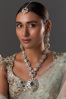 Gold Finish Kundan Polki & Zircon Long Necklace Set