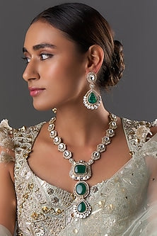 Gold Finish Kundan Polki & Emerald Stone Long Necklace Set