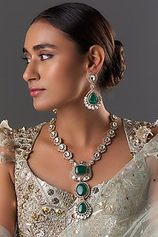 Gold Finish Kundan Polki & Emerald Stone Long Necklace Set