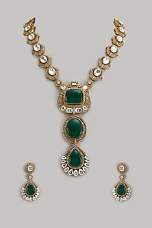 Gold Finish Kundan Polki & Emerald Stone Long Necklace Set