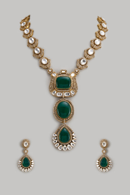 Gold Finish Kundan Polki & Emerald Stone Long Necklace Set