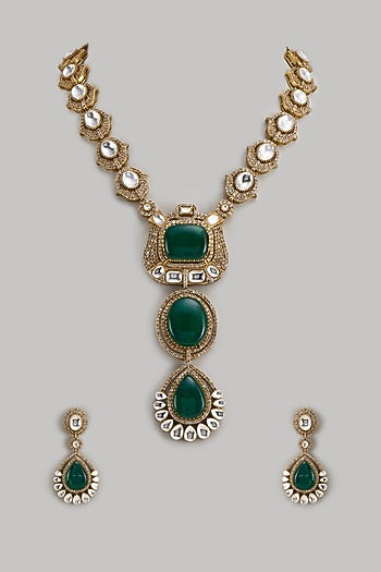 Gold Finish Kundan Polki & Emerald Stone Long Necklace Set