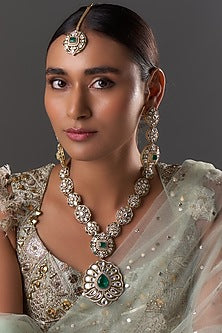Gold Finish Kundan Polki & Emerald Stone Long Necklace Set