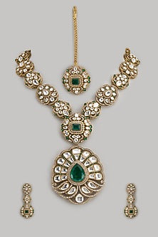 Gold Finish Kundan Polki & Emerald Stone Long Necklace Set