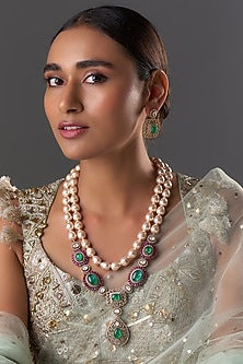 Gold Finish Zircon & Ruby Stone Long Necklace Set