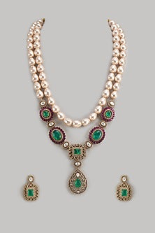 Gold Finish Zircon & Ruby Stone Long Necklace Set