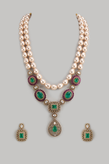 Gold Finish Zircon & Ruby Stone Long Necklace Set