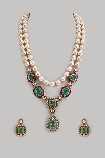 Gold Finish Zircon & Ruby Stone Long Necklace Set
