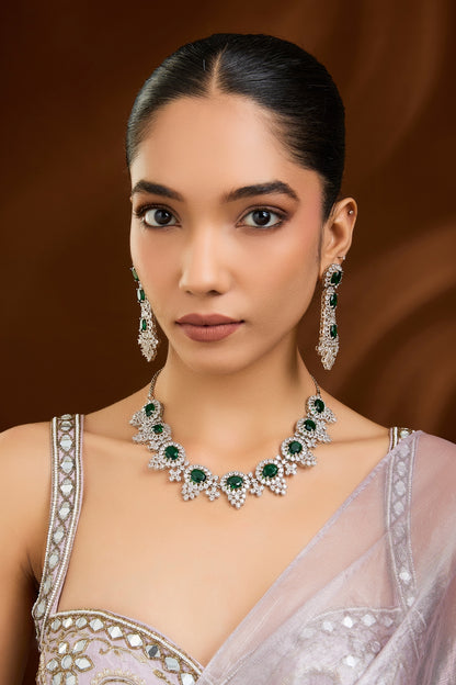 White Finish Green Stone Necklace Set