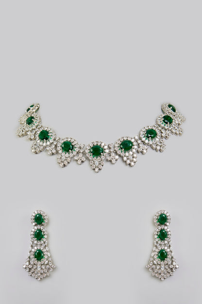 White Finish Green Stone Necklace Set