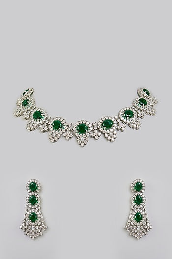 White Finish Green Stone Necklace Set