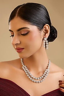 Silver Finish Zircon & Pearl Layered Necklace Set