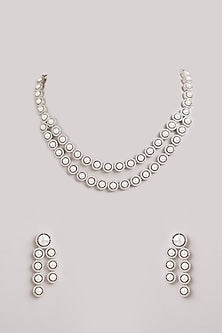 Silver Finish Zircon & Pearl Layered Necklace Set