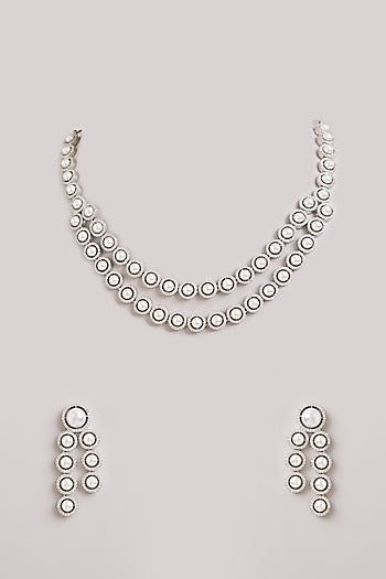Silver Finish Zircon & Pearl Layered Necklace Set