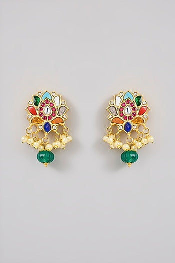 Gold Finish Navratna Stone Stud Earrings