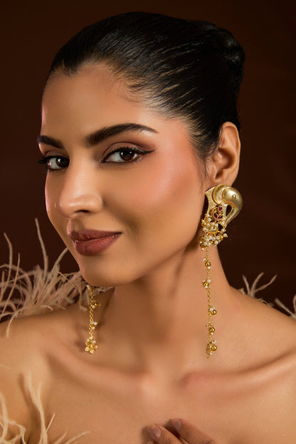 Gold Finish Ruby Stone & Pearl Dangler Earrings