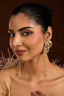 Gold Finish Ruby Stone & Pearl Dangler Earrings
