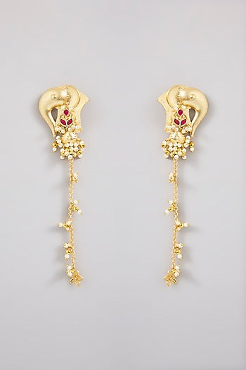 Gold Finish Ruby Stone & Pearl Dangler Earrings