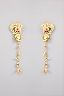 Gold Finish Ruby Stone & Pearl Dangler Earrings