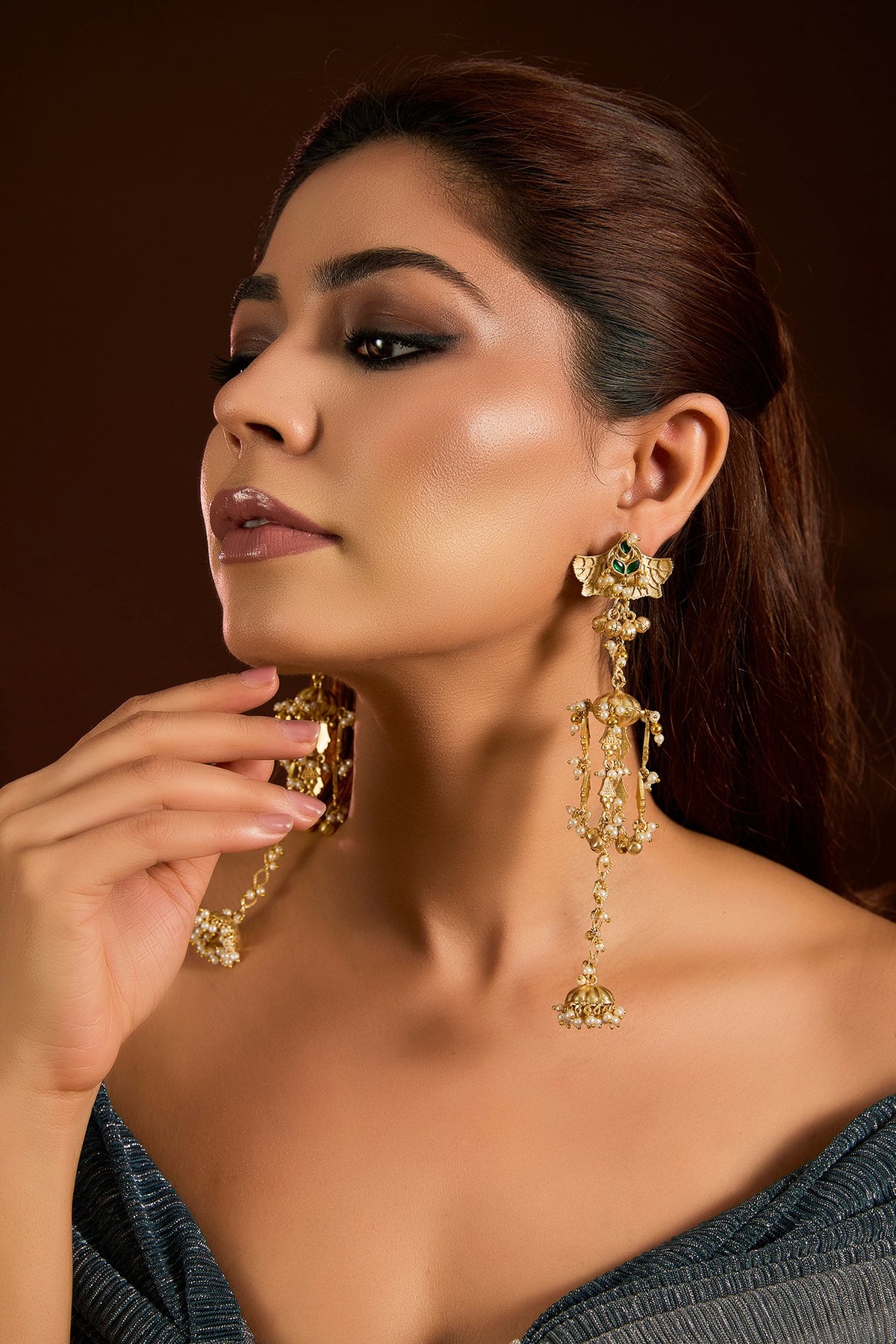 Gold Finish Emerald Stone & Beaded Dangler Earrings