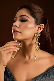 Gold Finish Emerald Stone & Beaded Dangler Earrings