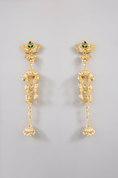 Gold Finish Emerald Stone & Beaded Dangler Earrings