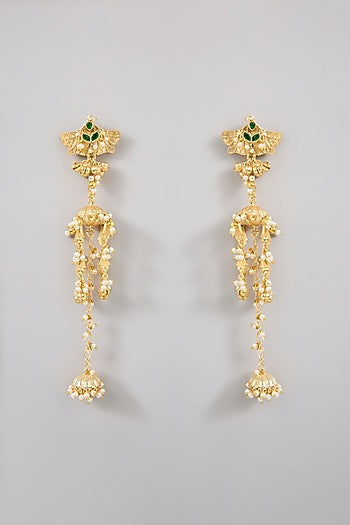 Gold Finish Emerald Stone & Beaded Dangler Earrings