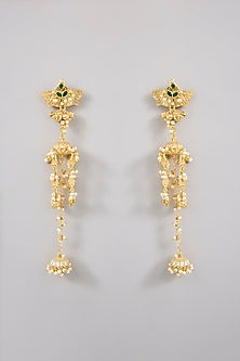 Gold Finish Emerald Stone & Beaded Dangler Earrings