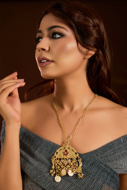 Gold Finish Ruby Stone & Coin Beaded Long Necklace