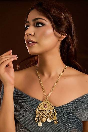 Gold Finish Ruby Stone & Coin Beaded Long Necklace