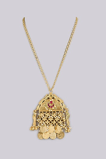 Gold Finish Ruby Stone & Coin Beaded Long Necklace